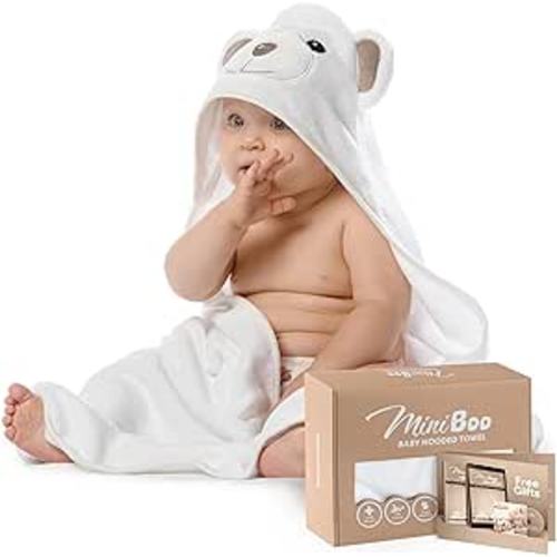 MINIBOO Hooded Baby Towels for Newborn & Toddler - Super Soft Baby Bath Towels with Hood, Highly Absorbent Bamboo Hooded Towel for Boys, Girls, Newborn Essentials