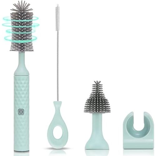 Electric Bottle Cleaner Set - 4 Piece Silicone Brush for Bottles, Pacifiers, Straws - USB Charged 360 High-Speed Rotation Cleaning