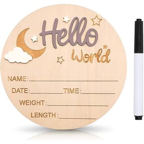 Baby Announcement Sign, 5.9 Inch Wooden Hello World Newborn Signs, Birth Announcement Sign and Pen, Moon and White Cloud Decoration, Welcome Newborn Arrival to World, Hospital Nursery for baby (Light Brown)