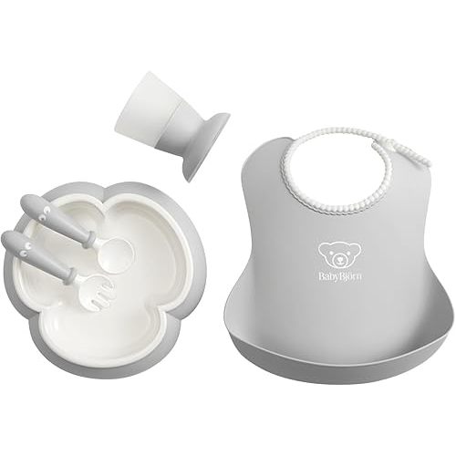 BabyBjörn Baby Dinner Set, 5 pc, Gray | Includes Baby Bib, Baby Plate, Baby Fork, Baby Spoon, and Baby Cup | Dishwasher Safe | Toddler Feeding Set for self-Feeding or Baby-led weaning