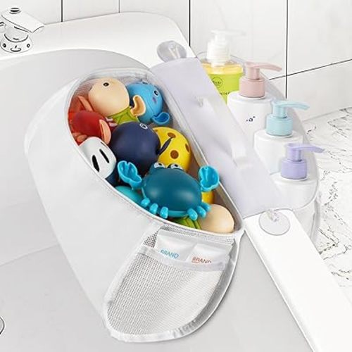 Saddle Shape Bath Toy Organizer, 2 Compartments Wide Opening Mesh Bath Tub Toy Storage for Easy Access to Toys, Side Pockets & Bottom Zipper Design, Quick Drying Toy Holder for Tub (White)