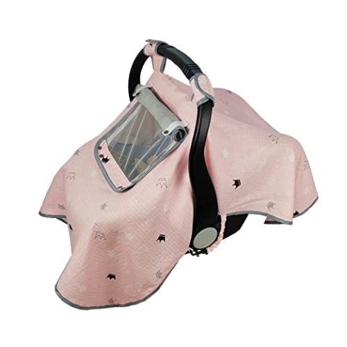 ICOPUCA Car seat Covers for Babies, Muslin carseat Cover Girls, carseat Canopy with Window, Light Weight, fit Summer/Autumn/Spring, Pink Crown, Perfect for gils;