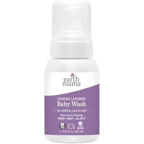 Earth Mama Calming Lavender Baby Wash Liquid Foaming Hand Soap, Organic All-Purpose Lavender Body Wash for Sensitive Skin, Castile Soap with Coconut Oil, Shea Butter, Calendula, & Aloe, 5.3 Fl Oz