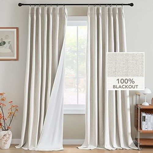 H.VERSAILTEX Pinch Pleated Full Blackout Curtains Linen Blended Chenille Blackout Curtains 84 inch Length 2 Panels Bedroom Thermal Insulated Farmhouse Neutral Track Drapes with Hooks, Heather Ivory