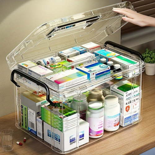 Large Capacity Double-Layer Medicine Organizer Box - Waterproof, Transparent Storage for Home & Travel