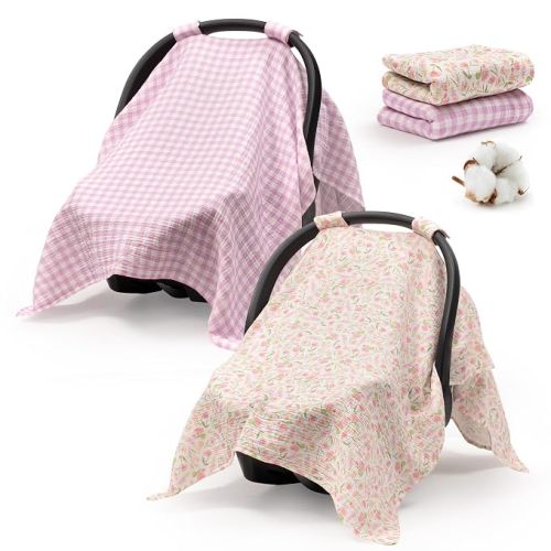 Muslin Car Seat Cover Baby, Universal Carseat Covers Baby Girl Boy | 100% Muslin Cotton, Universal Fit, Breathable, Soft Infant Car Seat Canopy, For Boys and Girls, Sun & Wind Protection