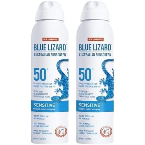 Blue Lizard Sensitive Mineral Sunscreen Spray SPF 50+, Dermatologist-Recommended Brand, Broad-Spectrum UVA/UVB Protection, Water-Resistant, Zinc Oxide Formula, 5 fl oz (Pack of 2)