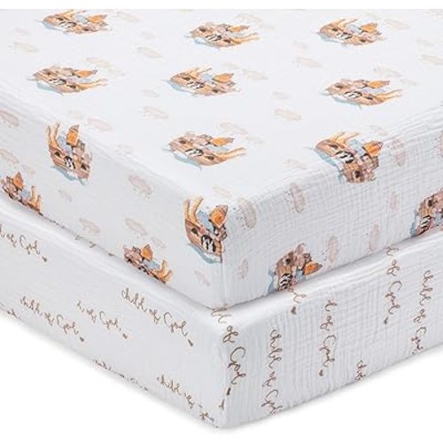 LollyBanks Baby Crib Sheets 2 Pack, 100% Cotton Muslin Breathable Neutral Infant Fitted Crib Sheet, Soft and Snug Baby Bed Sheets for Standard 52"x28" Mattress (Noah's Ark and Child of God)