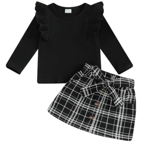 PUHHAPIEY Toddler Baby Girl Skirt Set Long Sleeve Ruffle Knit Shirt Mini Flannel Plaid Skirt Outfit 6 12 18 24 Month 2 3T