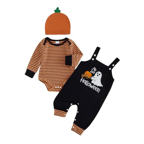My 1st Halloween Baby Boy Outfit Stripe Romper Overalls Pants Set | Long Sleeve, Crewneck Bodysuit, Embroidered Suspender Pants, Adjustable Shoulder, Hat, 3-Piece, Baby Boy Halloween Clothes