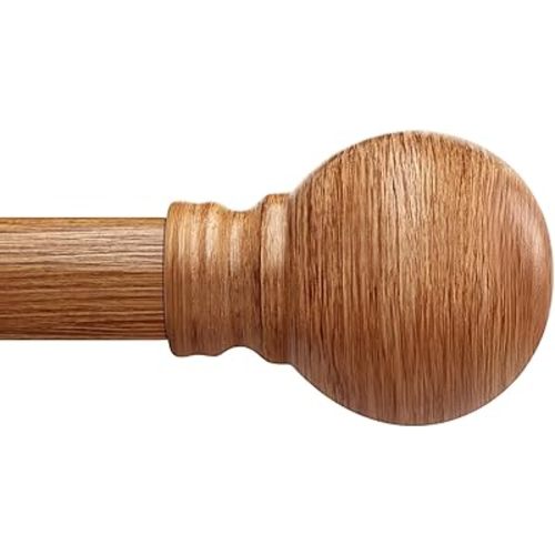 Boho Wood Curtain Rods for Windows 48 to 84 inch 1" Diameter Adjustable Heavy Duty Window Curtain Rod with Decorative Wooden Grain Finials Drapery Rods for Living Room Bedroom Kitchen Farmhouse