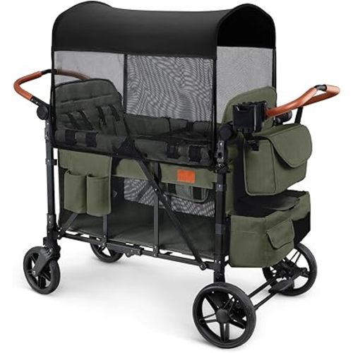 ZTDM Wagon Stroller for 4 Kids, All-Terrain Wagon for Toddler with Canopy, Parent Organizer, Shoulder Bag, Adjustable Handlebar, Phone Holder, High Seat & 5 Point Harness, Ultimate Quad (Green)