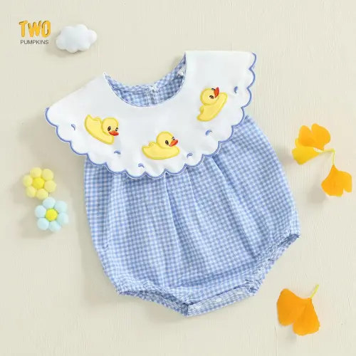 Baby Girl Summer Cute Plaid Romper Blue Sleeveless Doll Collar Duck Embroidery Jumpsuit - TikTok Shop