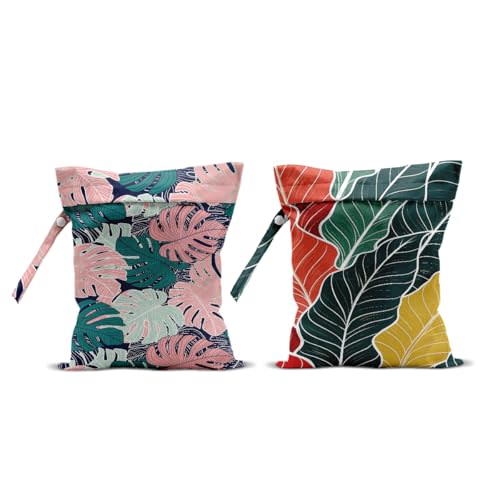 2Pcs Tropical Palm Leaves Print Wet Bags, Wet Dry Bag Reusable Zipper Pouch for Swimsuit, Diapers, Pool, Beach, Dirty Yoga Gym Clothes, Toiletries, Waterproof Birthday Christmas Gifts