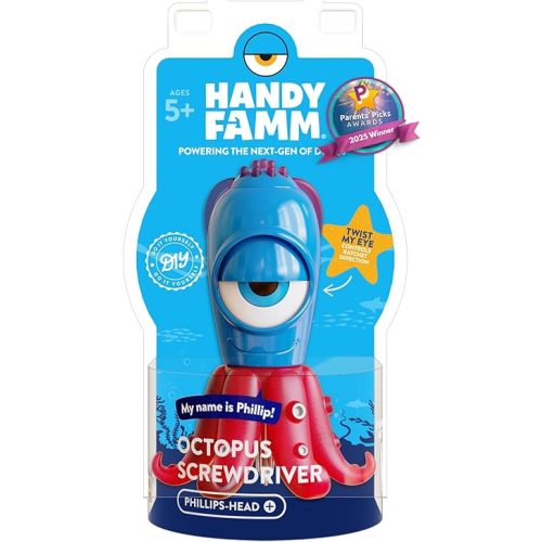 Handy Famm Phillip the Octopus Phillips Screwdriver, Kid Safe STEM DIY Tool with Stabilizer Legs, Real Screwdriver for Kids 5 and Up