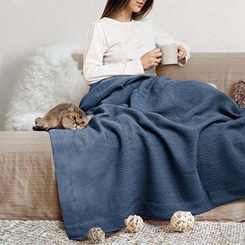 THREAD SPREAD Organic GOTS Cotton Blanket, Full/Queen - 350 GSM, Antistatic, Fuzzy Soft, Lightweight, Sofa, Camping & Travel, Perfect Herringbone All Seasons Throw, Medium Blue with Free Tote Bag