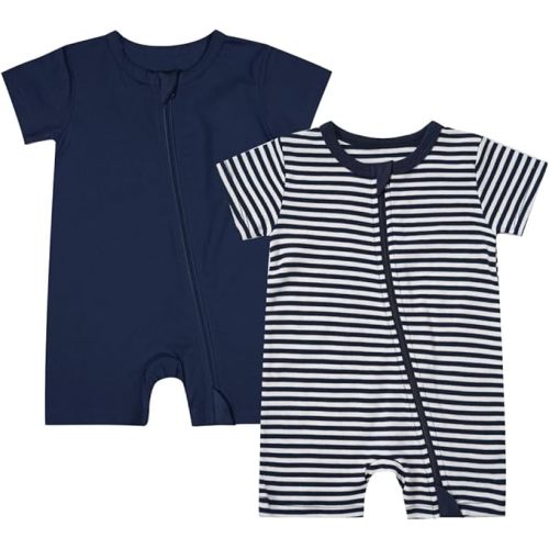 Teach Leanbh Unisex Baby 2 Pack Pajamas Cotton Short Sleeve 2 Way Zipper Stripe Soild Romper Jumpsuit Sleep and Play