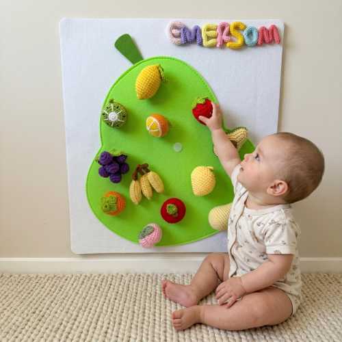 Fruits Felt Board for Baby - 12 Crochet Fruits - Custom Name Montessori Wall Toy