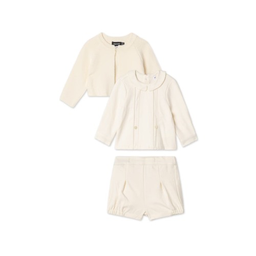 3 Piece Set, Collared Long Sleeve Shirt, Shorts and Knit Cardigan