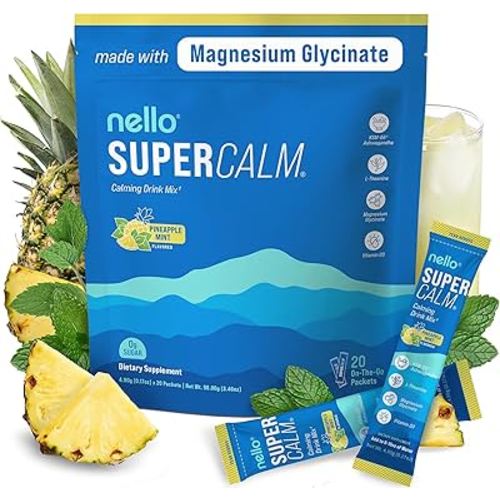 Nello Supercalm Drink Mix – Ashwagandha KSM-66, Magnesium Glycinate, L-Theanine, Vitamin D3 – Pineapple Mint Flavor (20 Travel Packets)