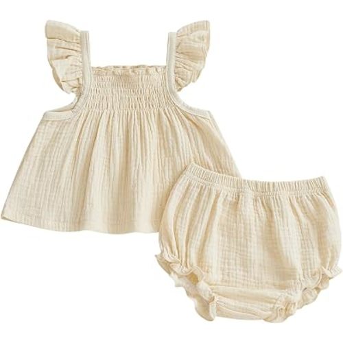Mubineo Baby Girl Summer Clothes Cute Basic Plain Cotton Linen Ruffle Tops Dress Shorts Outfits Set Shirt Princess Outfit