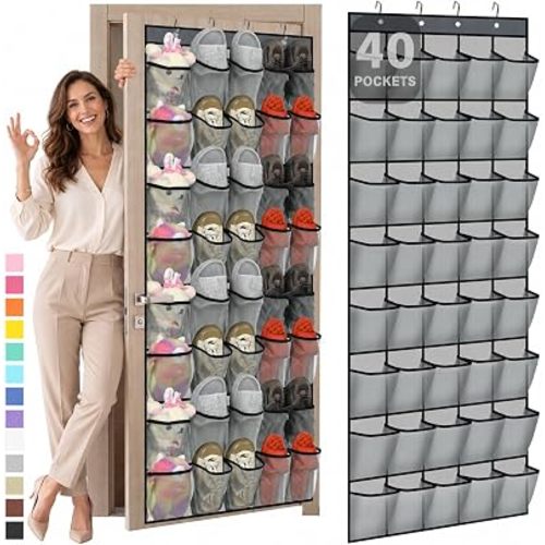 Windyun 1 Pcs 40 Pocket Over the Door Shoe Organizer, Gray