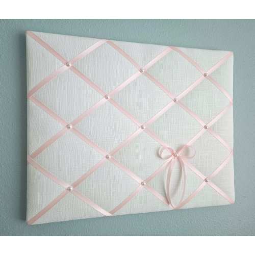 White and pink fabric memo, photo, vision board