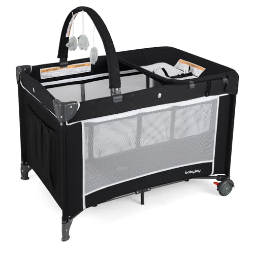 BABY JOY 3 in 1 Pack and Play, Travel Baby Crib Bassinet Bed with Bassinet, Changing Table with Safety Belt, Toy Bar, Lockable Wheels, Portable Baby Playard from Newborn to Toddler
