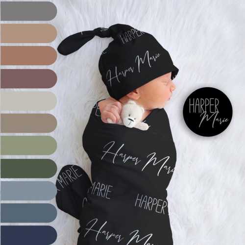 Personalized Swaddle Blanket Set | Newborn Hat,Headband & Sign, Neutral Collection