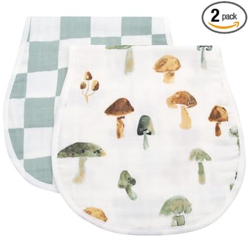 LifeTree Muslin Baby Burp Cloths - 2 Pack 70% Viscose from Bamboo and 30% Cotton Large 22'' by 10.6'' Absorbent Milk Spit Up Rags - Burping Cloths for Newborn, Girls Boys, Mushroom and Green Checkered