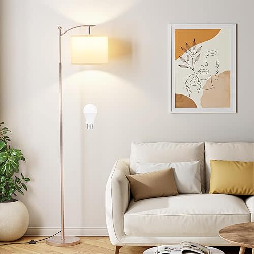 60" Floor Lamps for Living Room with 3 Color Temperatures, Adjustable White Shade with Light Gold Pole, Tall Lamps for Living Room Bedroom Office Classroom Dorm Room, 9W Bulb Included