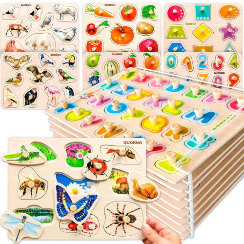 Quokka Wood Puzzles for Toddlers 1 3 with Rack - 8 Pack ABC, Numbers & Animals - Learning Puzzle Game