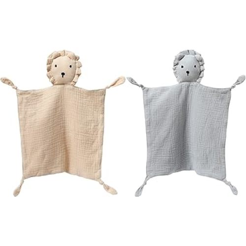 insular Lovey Blanket for Boys and Girls, Cotton Muslin Security Blanket for Babies, Soft Breathable Lovie Soothing Towel for Newborn and Infant, 2 Pcs Set, Khaki&Gray