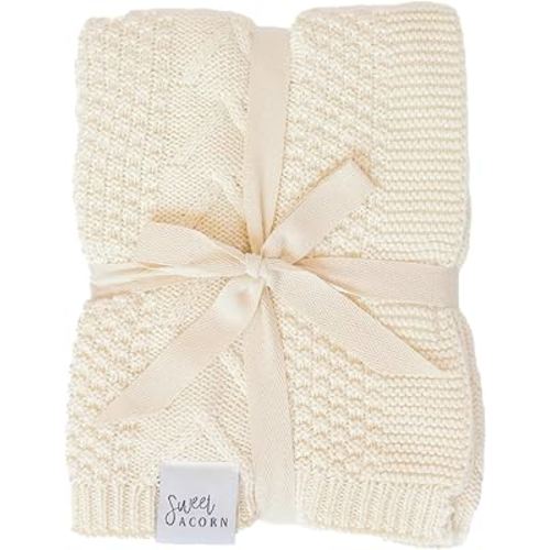 Knit Baby Blanket in Elegant Pattern, Organic Cotton Blankets for Crib or Stroller, Receiving Blankets - Salt White