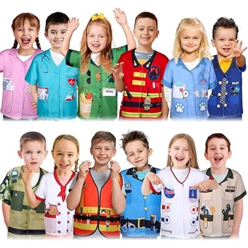 Jiuguva 12 Pcs Kids Role Play Costume Dress up Clothes for Kids Community Helper Career Cosplay Doctor Construction Workers Fireman Police Halloween Costumes for Career Day Pretend Play