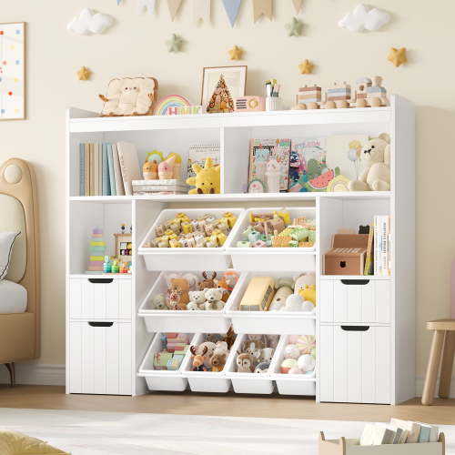 Homfa Kids Toy Storage Organizer with Removable Bin, Kids Bookshelf and Bookcase Toy Box with Drawers for Playroom, Classroom, White