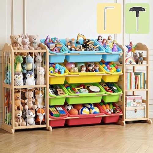 LAMU 3-in-1 Toy Storage Organizer with Bookshelf, Multi-Colored
