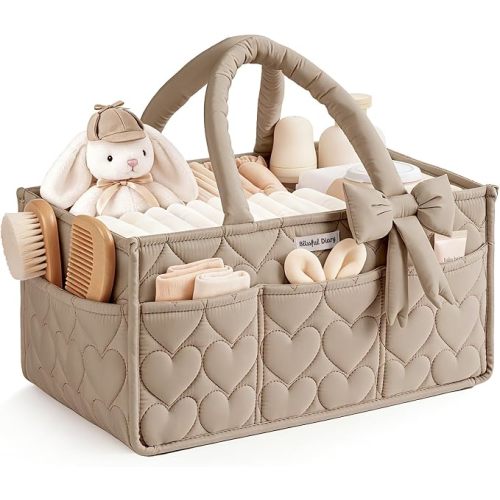 Blissful Diary Baby Diaper Caddy Organizer, Nursery Basket, Bow Light Pink