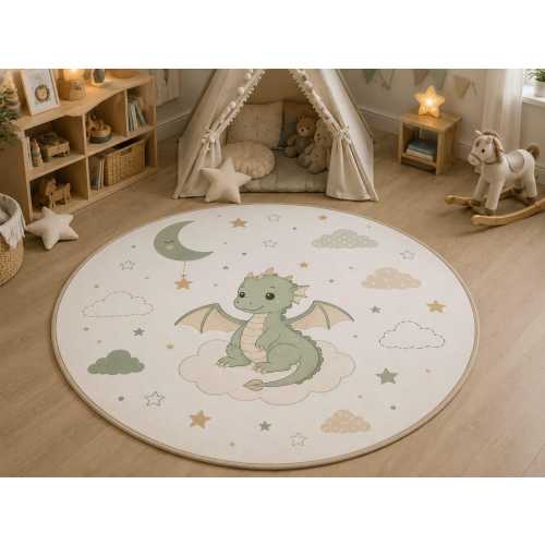 Fantasy dragon rug, pastel nursery decor, round Montessori kids room playroom carpet design