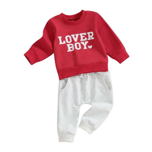 Baby Toddler Boy Valentine’s Day Outfits 6 12 18 24 Months 2T 3T Long Sleeve Sweatshirt + Solid Color Trousers Set Toddler Clothes
