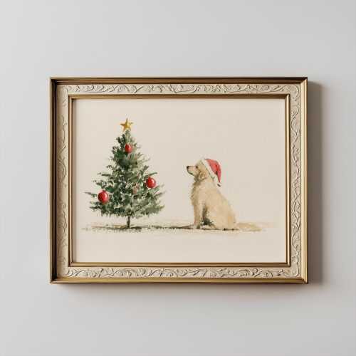 Golden Retriever Santa Hat Watercolour Christmas Tree Print Festive Dog Wall Art Holiday Decor Poster Gift Dog Lover Stocking Stuffer