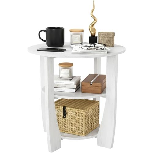 White Round Side Table, 3-Tier End Table with Storage Shelves, Modern Farmhouse Nightstand for Bedroom, Living Room, Nursery & Small Spaces,19.7" D x 21.7" H