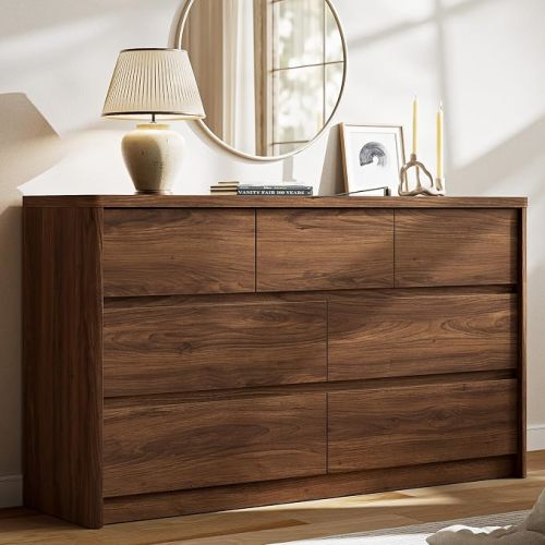 7 Drawer Walnut Dresser for Bedroom, 55" Wide Modern Chest of Drawers with 7 Large Storage Space with Curved Edge Design, Large Dresser for Bedroom,Walnut