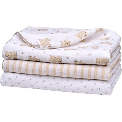 3 Pack Cotton Muslin Swaddle Blankets for Baby, 40" x 36", Lightweight, Breathable, Tan, (Little Me Bingle Bear)