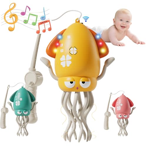 Electric Crawling Dancing Octopus Toy for Baby Boy Girl 0-6 Months, Infant Tummy Time Musical Magic Dancing Squid Toy for 3 4 5 6 Year Old Kid, Toddler 1st Birthday Gift (Yellow)