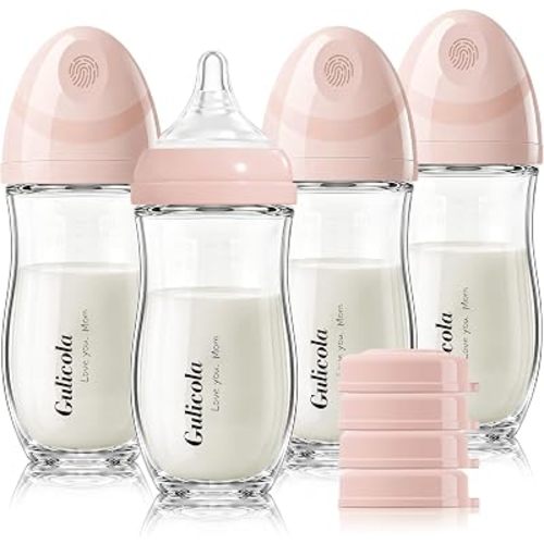 Gulicola Natural Glass Baby Bottle 8 oz for Breastfed Babies, Anti-Colic Baby Bottle Set with Medium Flow Nipple, 3 Months +, 4 Pack - Pink