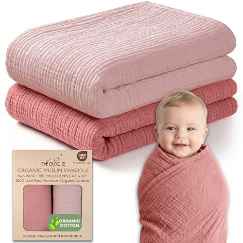 infancie 100% Organic Cotton Muslin Baby Blanket - 47 x 47 Inch Breathable Muslin Baby Girl Blanket, Hypoallergenic Double-Layer, Soft and Cozy Newborn Baby Blanket for Everyday Use (Rose/Peach)