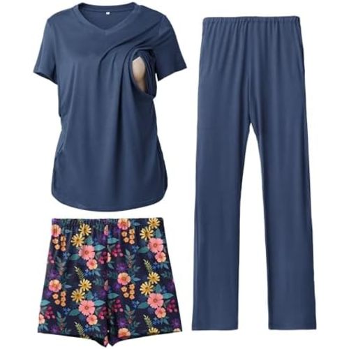 Rnxrbb 3 Piece Maternity Nursing Pajamas Set for Women Postpartum Pjs