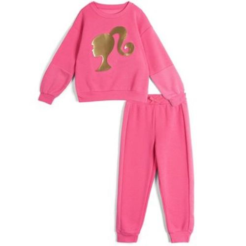 Barbie Little Girls Fleece Pullover Sweatshirt and Jogger Pants Outfit Set Rose Pink 7-8