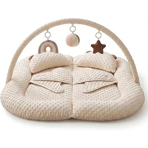 Twins Baby Play Mats for Floor Activity Gym - 5-in-1 Support Cushion Baby Play Mat Tummy Time Mat for Supervised Bonding with Arch, Plush Toys, Flashcards & Developmental Book - Beige